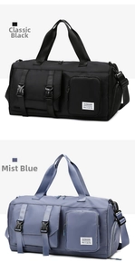 Detail view of nylon travel bags in classic black and misty blue with multi-pocket design