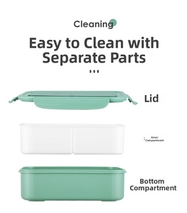 Three-layer structure of the green bento lunch box showing lid and divided compartments