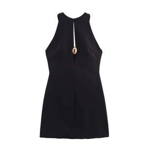Halter Mini Jurk Met Goud Metalen Hardware Uitsnijding Mouwloos Elegant Effen Kleur Geweven Voor Dames
