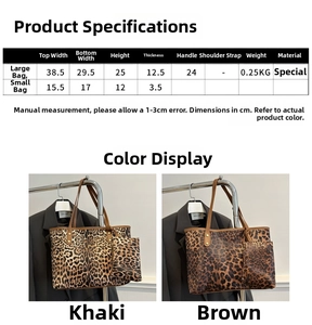 Size chart showing large and small tote bag dimensions in khaki and brown colors