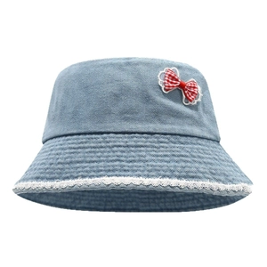 Light blue denim bucket hat with a red gingham bow and white lace trim for summer