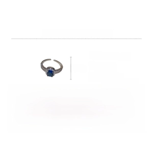 Detail view of oval blue zircon ring with copper base and exact product dimensions