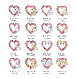 Pink heart and bow alloy nail charms set with silver and gold bases for DIY manicure