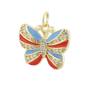 Detailed butterfly pendant in 18K gold plating with blue and red enamel and crystals