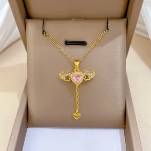 Edelstahl Halskette Mit Kupfer Anhänger Rosa Herz Flügel Strass Quaste Schlüsselbein Kette Für Frauen Mädchen