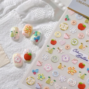 Adesivi per unghie 3D a rilievo con bottoni colorati, frutta e fiori per nail art creativa