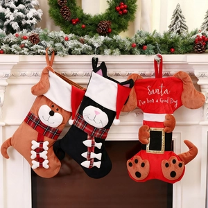 3D Cartoon Animal Christmas Stockings Plush Dog Cat Candy Gift Bags Holiday Mantel Tree Hanging Decoration