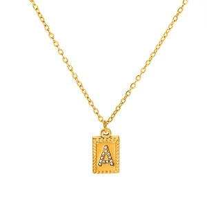 18k gold plated stainless steel necklace featuring a square pendant with zircon letter A