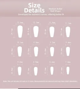 Size chart showing 12 almond fake nail dimensions in millimeters for 24-piece nail sets