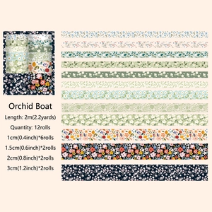 Detail showing specifications of 12 rolls of vintage floral washi tape set for DIY journaling
