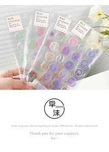 Transparent wax seal stickers with floral patterns in various pastel colors and packaging