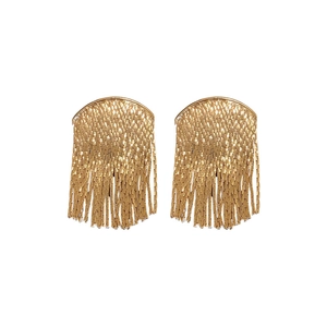 Exaggerated geometric gold tassel earrings with metallic fringe chains on white background