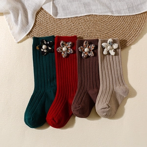 Floral baby knee high socks in dark green, red, brown and beige with pearl accents