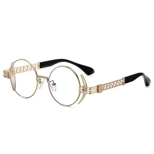 Steampunk gold round frame sunglasses with geometric hollow pattern metal temples