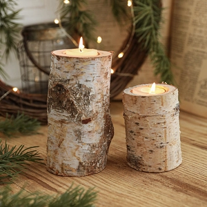 Rustic birch wood candle holder set with tea lights for natural festive home decoration