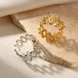 Retro geometric hollow stainless steel rings in gold and silver finish with natural stone