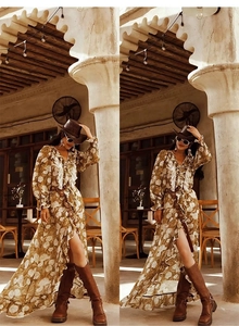 Western style floral dress with V-neck ruffle details and high slit in brown earth tones