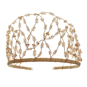 Close-up of handmade baroque headband featuring gold wire mesh and champagne crystal beads