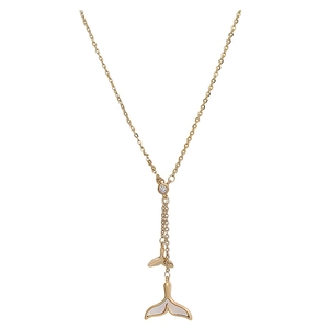 Gold-plated double fishtail tassel necklace with shell inlay and zircon accents