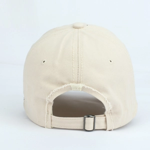 Detailed back view of distressed cotton baseball cap with adjustable metal buckle strap