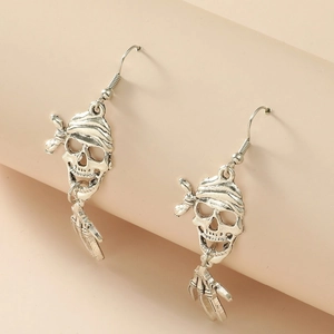 Punk gothic skull earrings in vintage silver finish with long bone finger charms