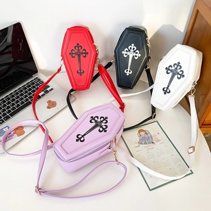 Gothic coffin-shaped crossbody bags with decorative cross patterns in four colors