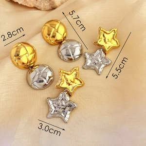 Two-tone 18K gold and silver star and checkerboard earrings in stainless steel