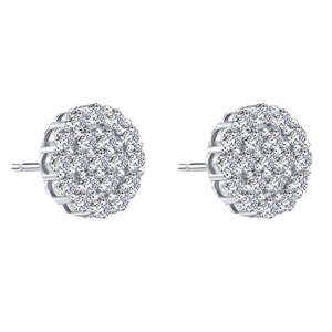 Classic round cluster silver earrings with shimmering zircon stones on white background