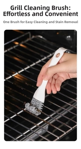Detail showing hand using a grill grate cleaning brush on greasy metal barbecue racks