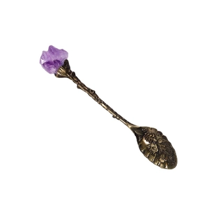 Vintage bronze coffee spoon with amethyst crystal and floral engraved textures