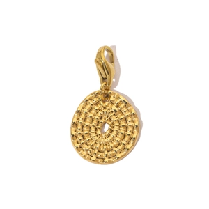 Detailed view of a gold-plated stainless steel evil eye charm with intricate textured design