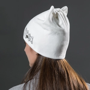 White velvet cat ear beanie for women featuring a sparkling rhinestone bow detail