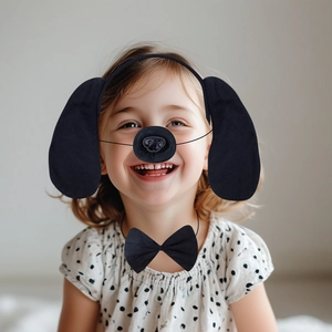 Kids black dog costume set featuring plush ears headband, nose mask, and matching bowtie