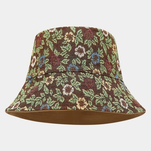 Close-up of floral jacquard reversible bucket hat with detailed vintage flower pattern