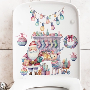 Watercolor Pink Santa Claus Reindeer Christmas Wall Stickers Removable PVC Decals For Bathroom Window Home Decor