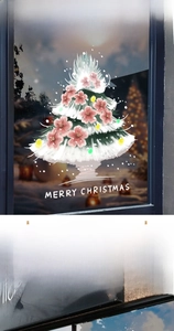 Detailansicht weißer Weihnachtsbaum Fensteraufkleber mit Merry Christmas Schriftzug