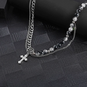 Double-layer stainless steel necklace with cross pendant and crackle bead chain