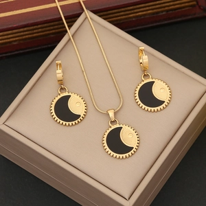 Elegant gold-plated stainless steel moon pendant necklace and earring jewelry set