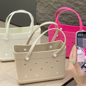 Waterproof EVA beach tote bags in beige, white and pink colors with circular hole design