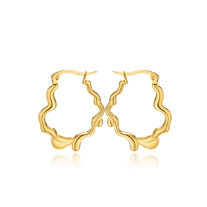 Detailed view of golden irregular liquid metal wave hoop earrings with polished finish