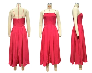 Detailed views of hot pink backless slip midi dress with fine straps and pleated waist
