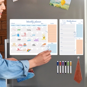 Detailed set of magnetic monthly and weekly planner boards on a fridge with 6 markers