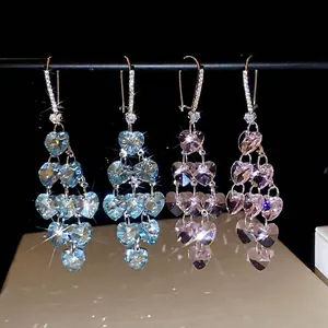 Sparkly Heart Shaped Crystal Zircon Long Tassel Dangle Earrings For Women Elegant Jewelry With Silver Earring Post