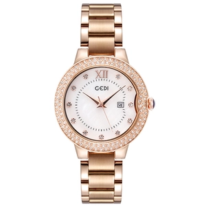Elegant rose gold women's watch with double crystal bezel and pearl dial on white background