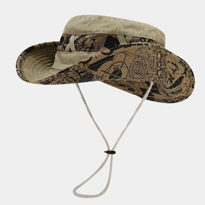 Vintage khaki wide brim cowboy bucket hat with newspaper print and windproof cord