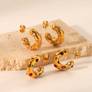 Elegant 18K gold plated C-shaped stainless steel earrings with sparkling colorful zircons