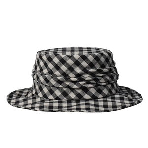 Stilvoller schwarz-weißer Gingham-Karo-Sonnenhut aus Baumwolle und Leinen für den Sommer