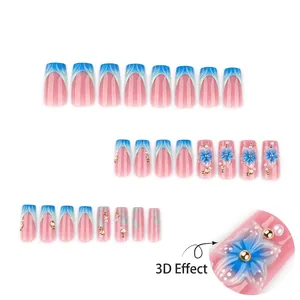 French blue press-on nails with 3D flowers, pearls, and gradient design 24pcs set