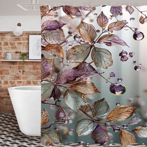 Wasserdichter Duschvorhang mit Blumenmuster und Wassertropfen im modernen Badezimmer