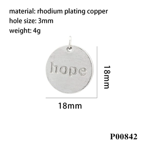 Close-up of a 18mm round rhodium-plated copper pendant with Hope engraving and dimensions